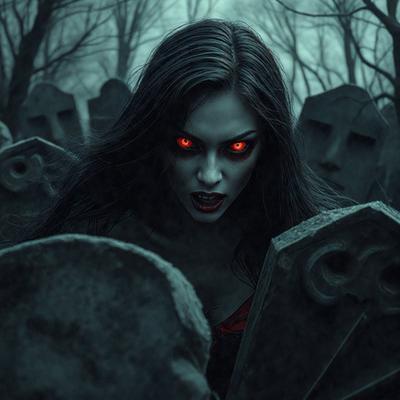 The primary subject of the image is a woman with red eyes, standing in front of a cemetery. She appears to be a demon or a character from a horror story. The setting is a cemetery with numerous headstones and a tree in the background. The visual style is a digital art or illustration, creating a dark and eerie atmosphere. The colors are predominantly dark, with the red eyes of the woman being the most noticeable feature.